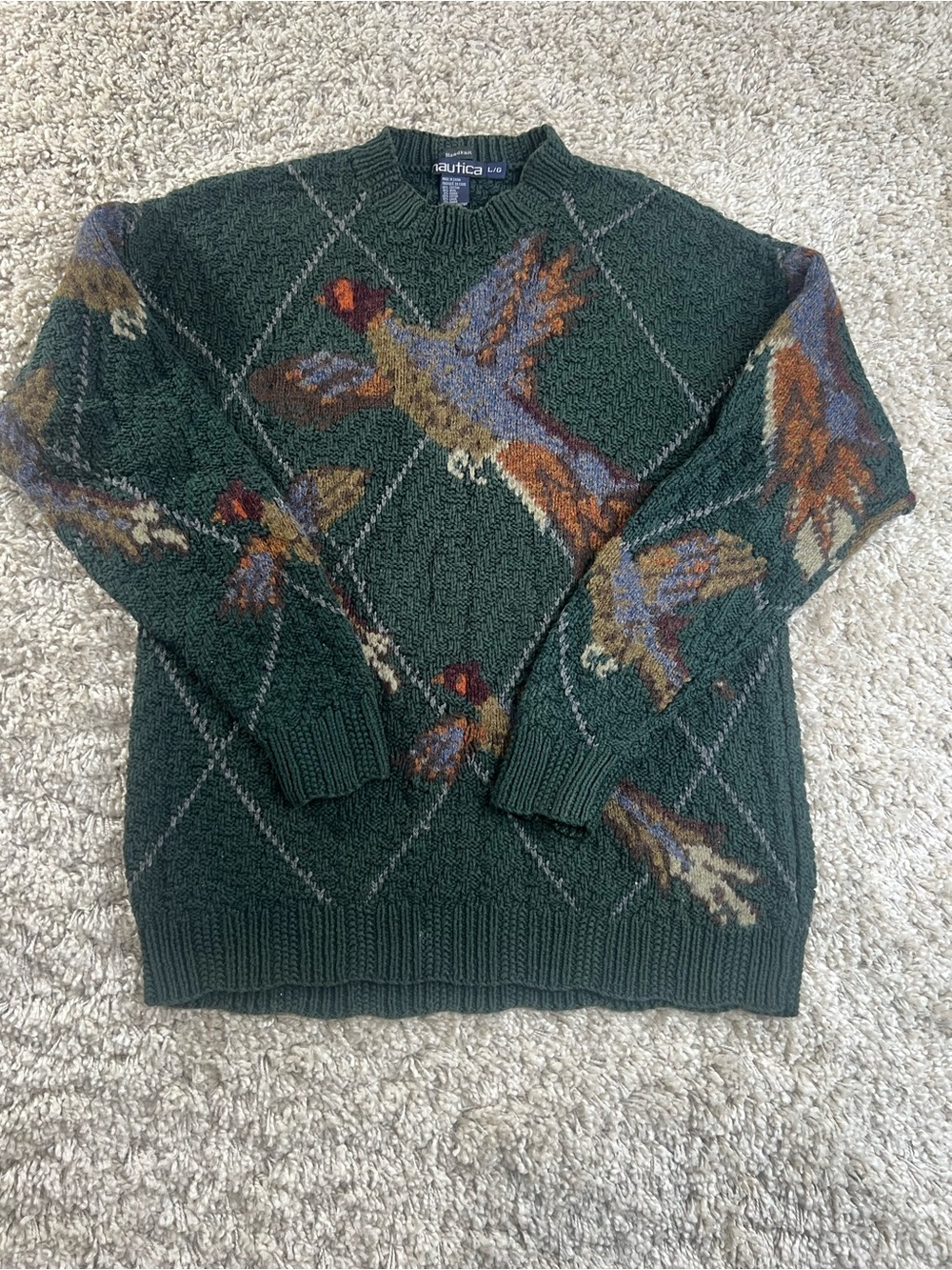 Vintage Nautica Dark Green Crewneck Sweater Wool Blend Pheasant Motif Large